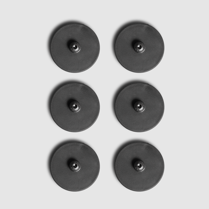 Six grey circular fasteners