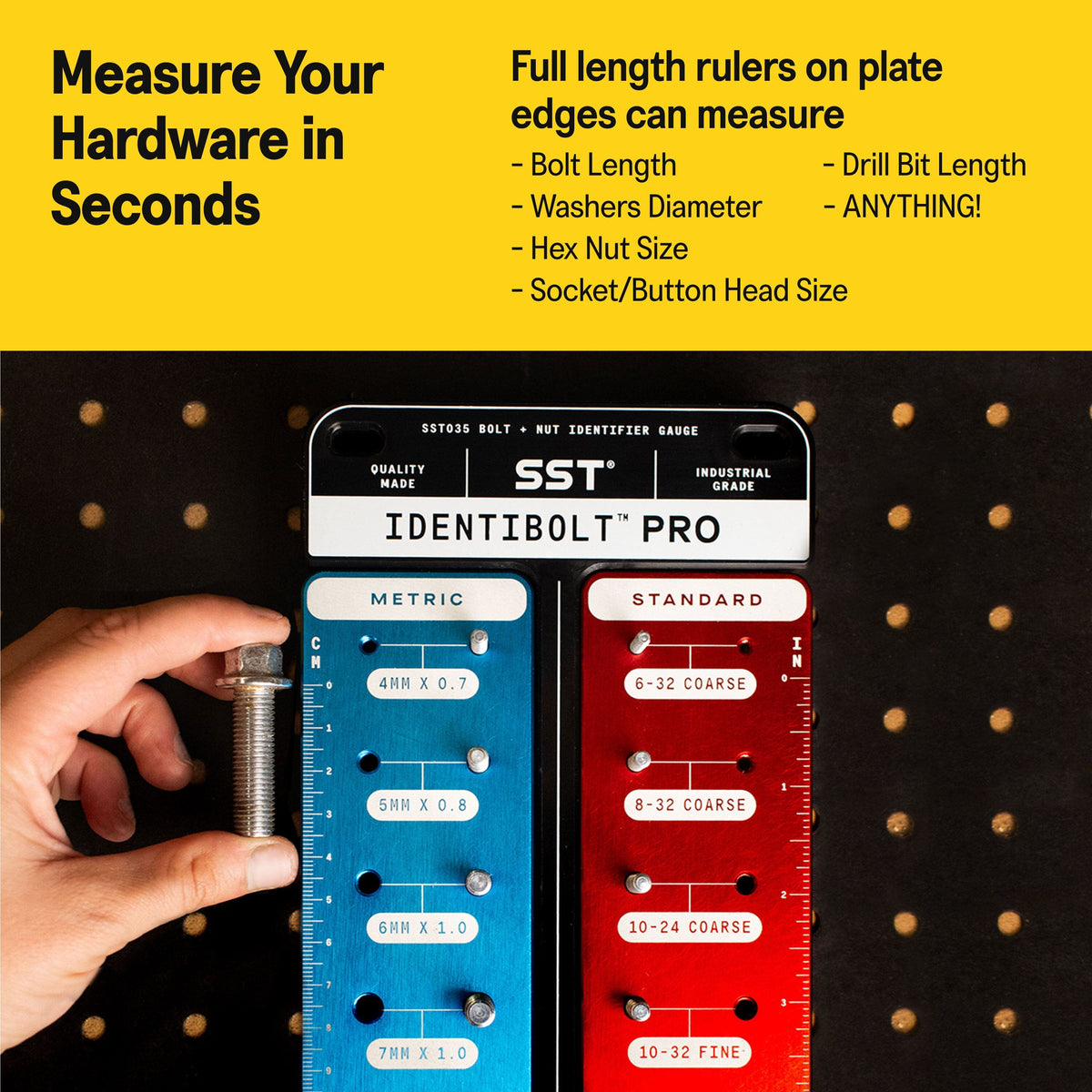 Bolt being measured with a metric and standard hardware gauge.