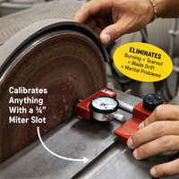 Saw calibration tool for miter slot, eliminates burning and blade drift