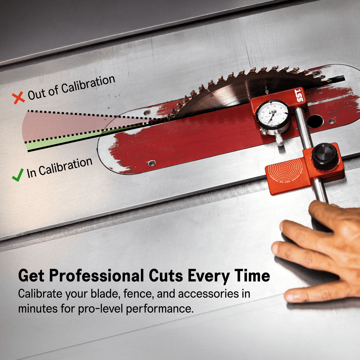Saw blade calibration tool showing in/out of calibration status