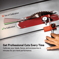 Saw blade calibration tool showing in/out of calibration status